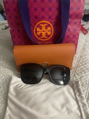 Tory Burch Black Sunglasses with Orange Case and Purple Bag